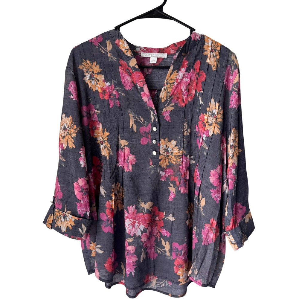 Juniper + Lime Womens Large Floral Pintuck Henley Blouse Gray Pink 3/4 Sleeve